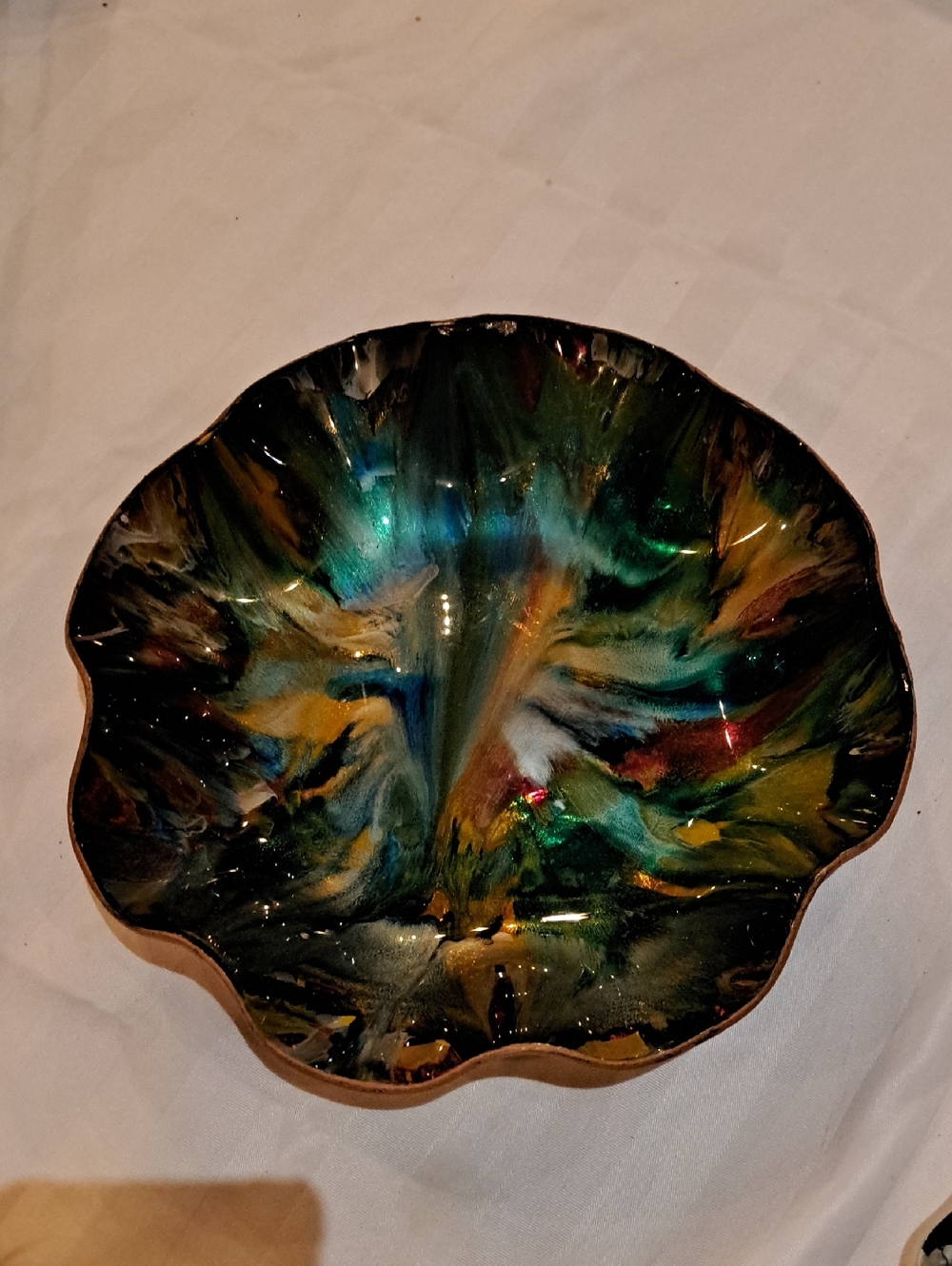 Vintage Seetusee Canadian art glass ruffled bowl featuring a Blue And Gold